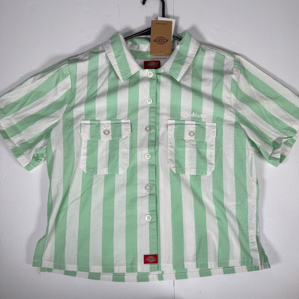 NWT Dickies Girl Button Up Shirt Juniors Large Mint Green White Striped